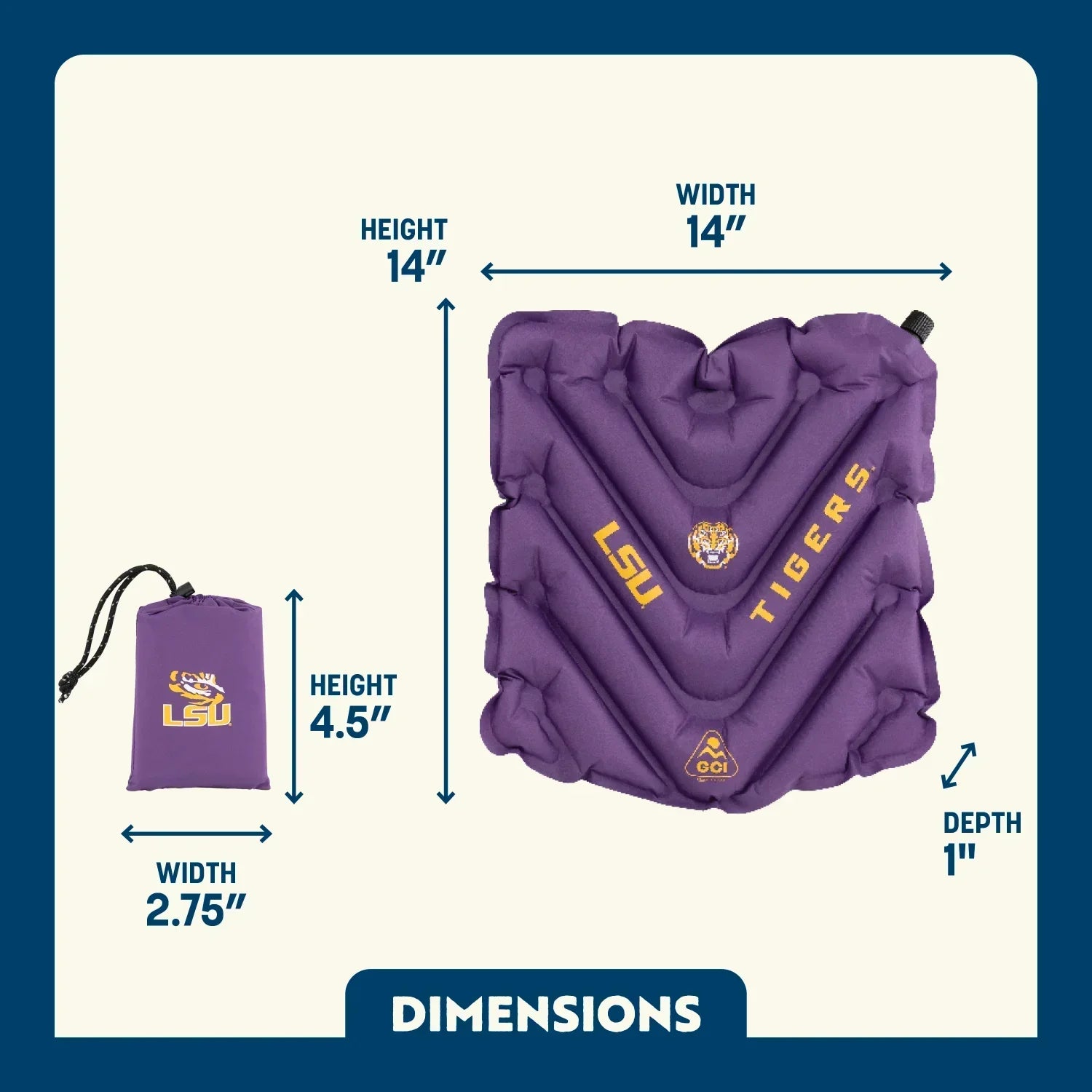 Bleacher-Friendly College V Seat Inflatable Stadium Cushion - LSU Tigers - Choice 762 - Lightweight Folding Bleacher Chair with Cushioning Detail