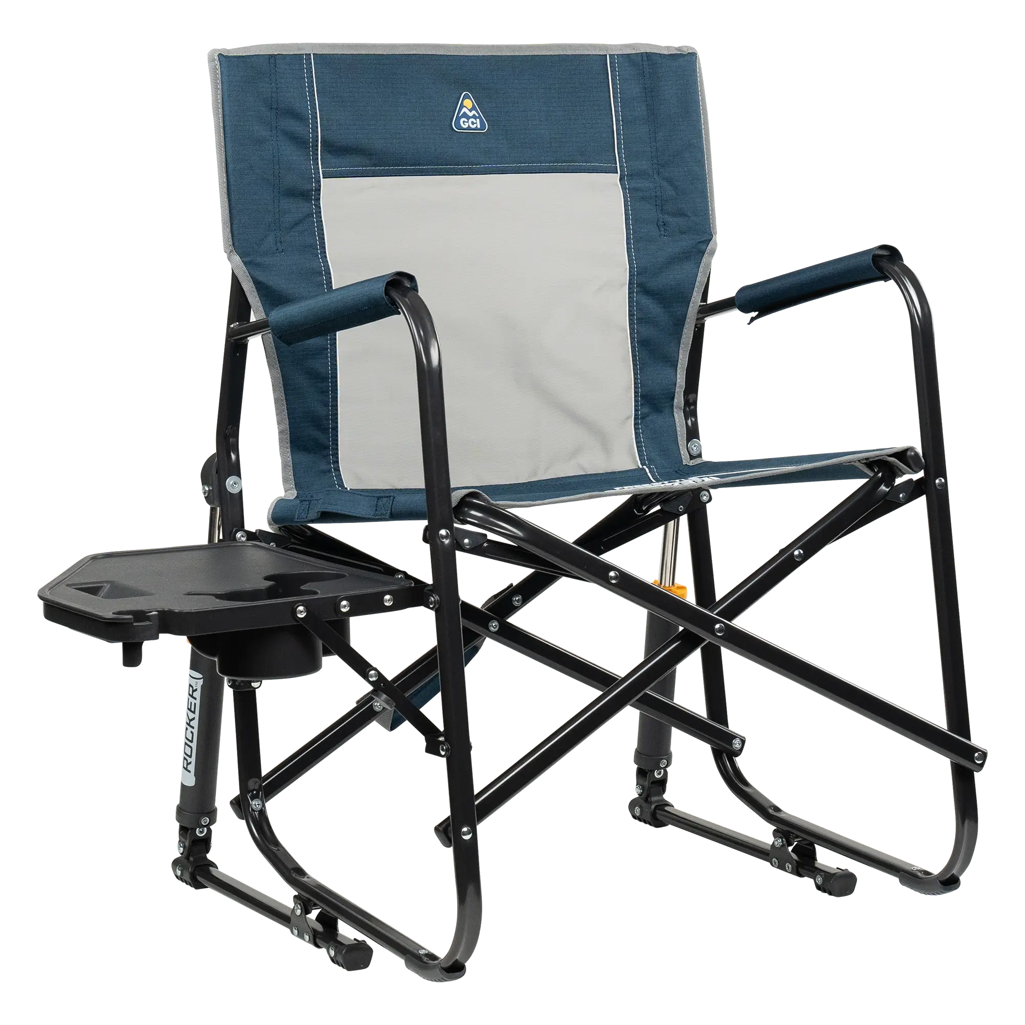 Luxury Camp Freestyle Rocker with Side Table - Choice 853 - Freestyle Rocker Portable Outdoor Folding Chair - Heathered Indigo