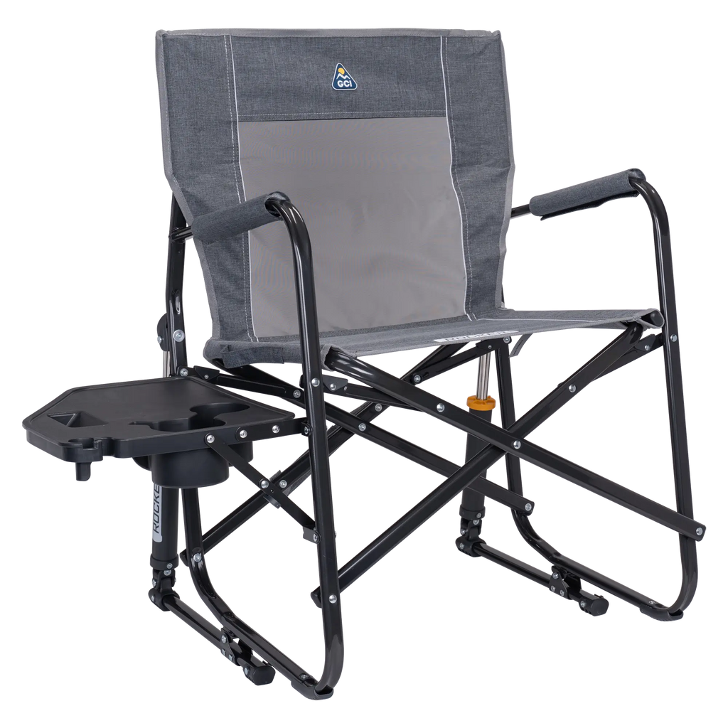 Luxury Camp Freestyle Rocker with Side Table - Choice 853 - Freestyle Rocker Portable Outdoor Folding Chair - Heathered Pewter