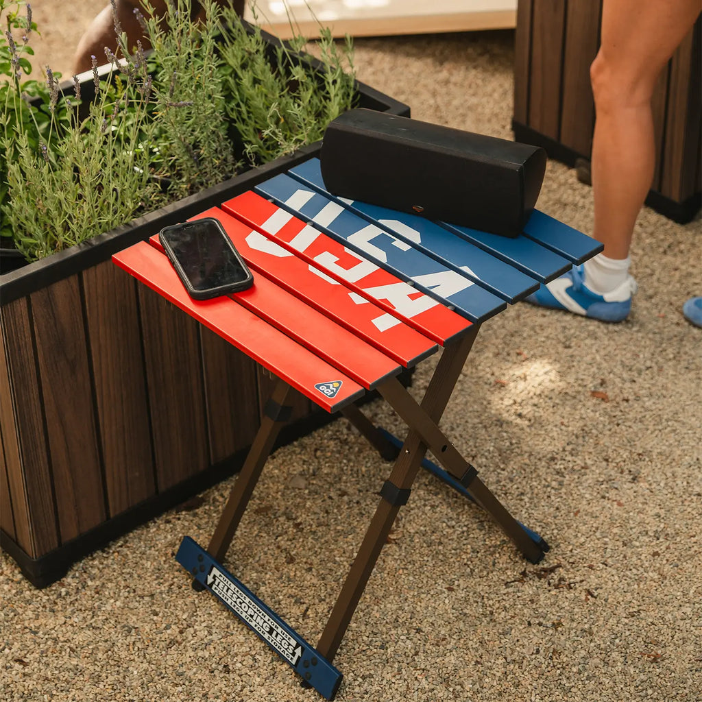 Heat-Resistant Compact Camp Table 20 - USA Anniversary Deluxe - Choice 757 - Slim-Fold Outdoor Cook Station with Storage Shelves Detail