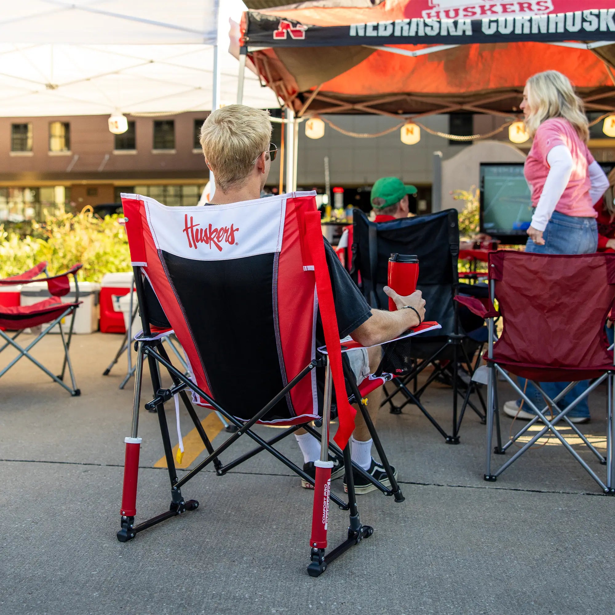 Luxury Camp College Comfort Pro Rocker - Nebraska Cornhuskers - Choice 161 - Patented Spring-Action Rocking Chair for Camping Detail