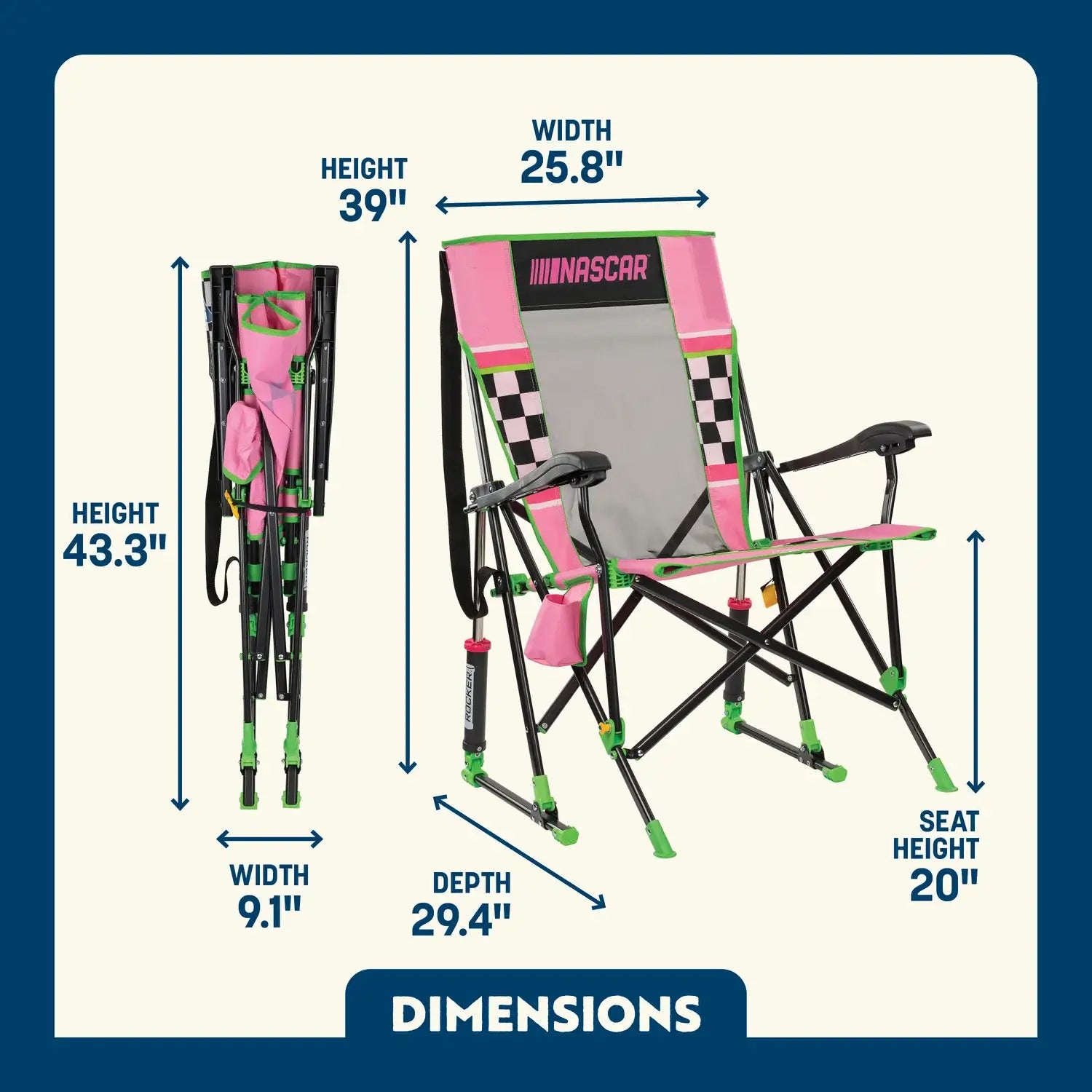 Luxury Camp RoadTrip Rocker - NASCAR For Her - Choice 560 - Heavy-Duty Kickback Rocker with Beverage Holder Detail