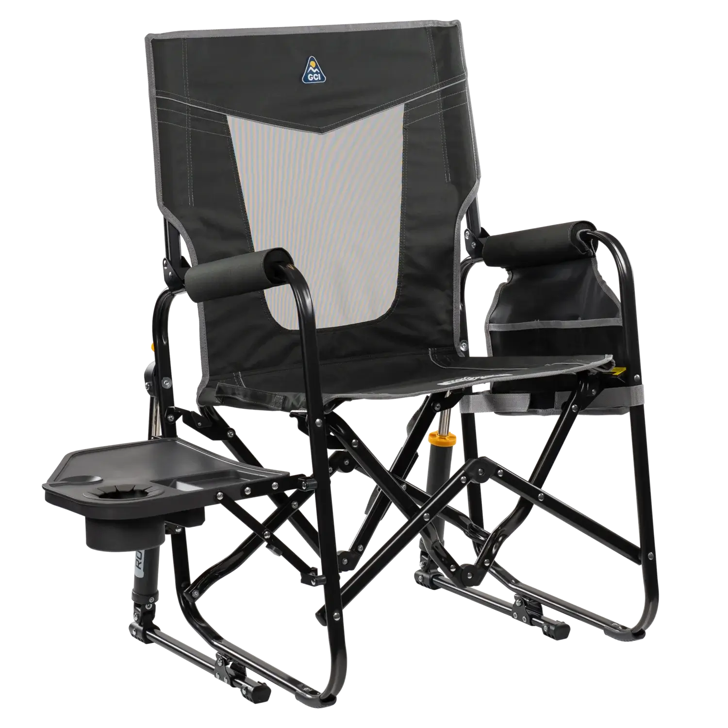 Luxury Camp Stowaway Rocker with Side Table - Choice 253 - Patented Spring-Action Rocking Chair for Camping - Dark Charcoal
