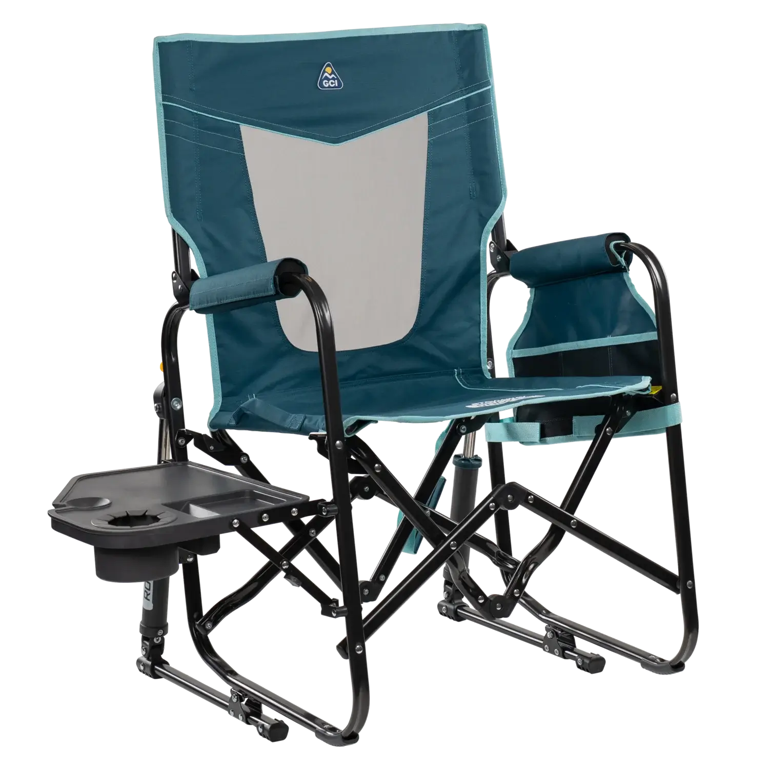 Luxury Camp Stowaway Rocker with Side Table - Choice 253 - Patented Spring-Action Rocking Chair for Camping - Teal